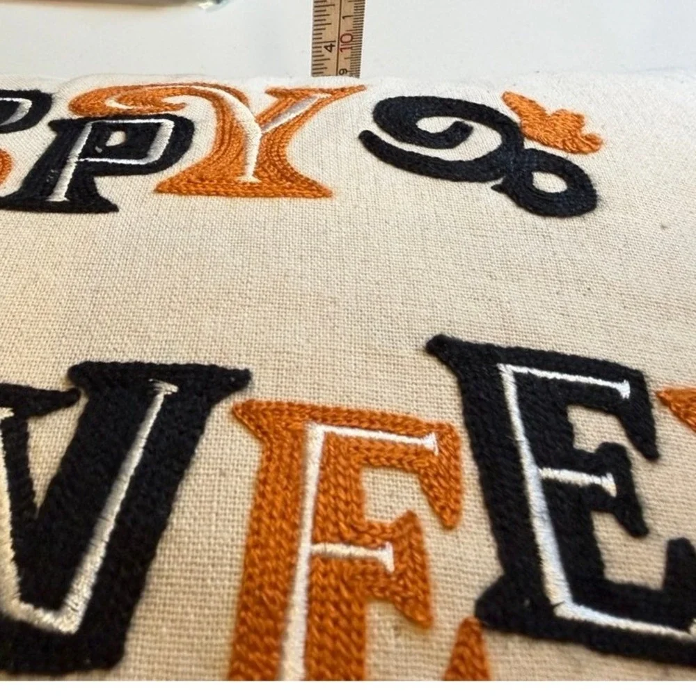 Happy Halloween Embroidered Decorative‎ Pillow White Spooky Festive